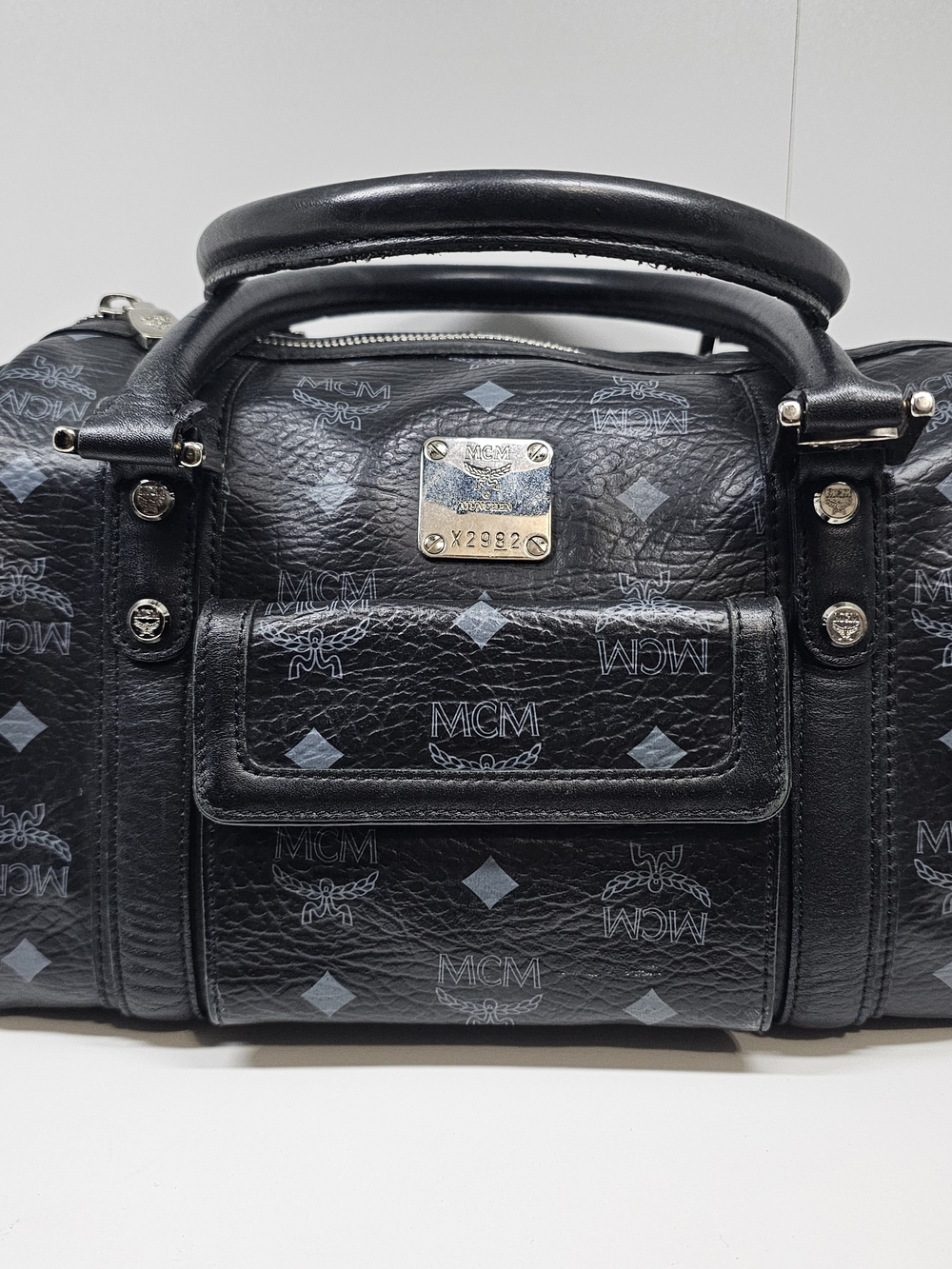 MCM Black Visetos Leather Boston Bag